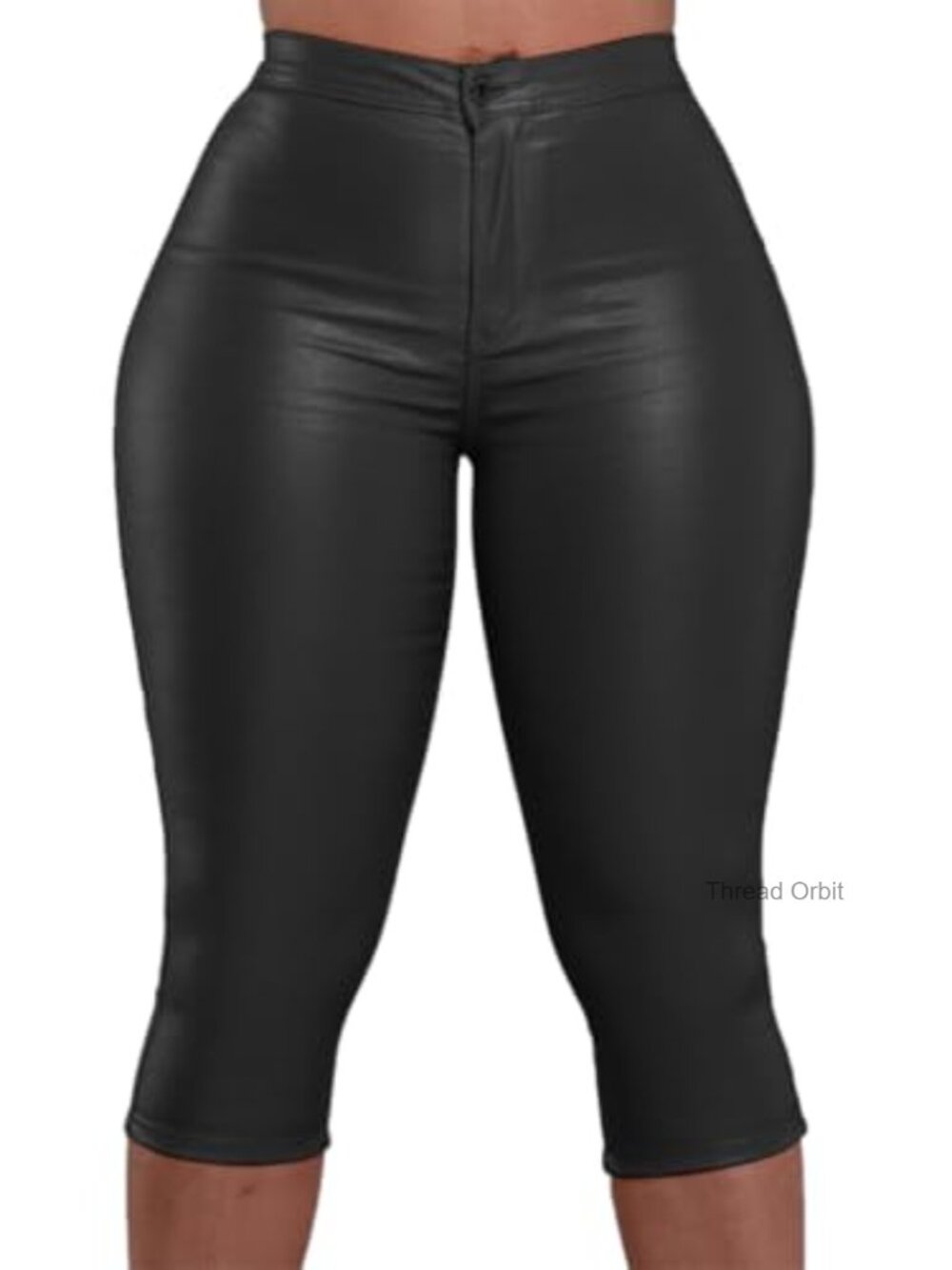 Faux Leather Capri Pants High Waisted Stretch Crop Leggings with Pockets